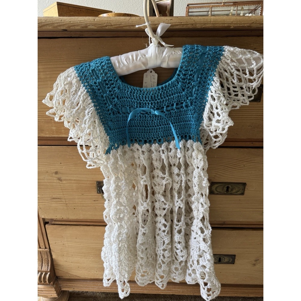 VTG  Handmade Teal & White Girl's Dress Sz 4/5 - Picture 3 of 7